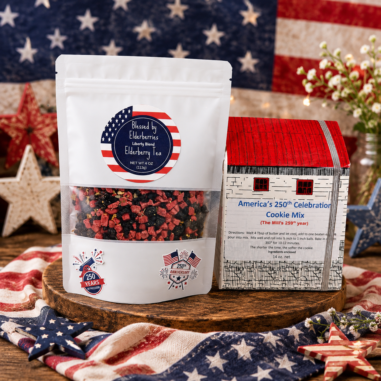Liberty Blend Herbal Tea and Old Mill 250th Celebration Cookie Mix Bundle