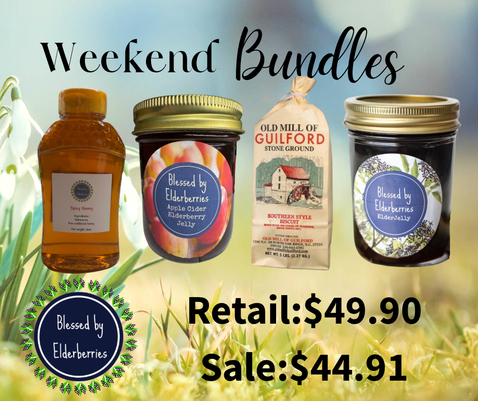 16oz Spicy Honey, 8oz apple cider elderberry & elderberry jelly, 2lb Southern Style Biscuit Mix