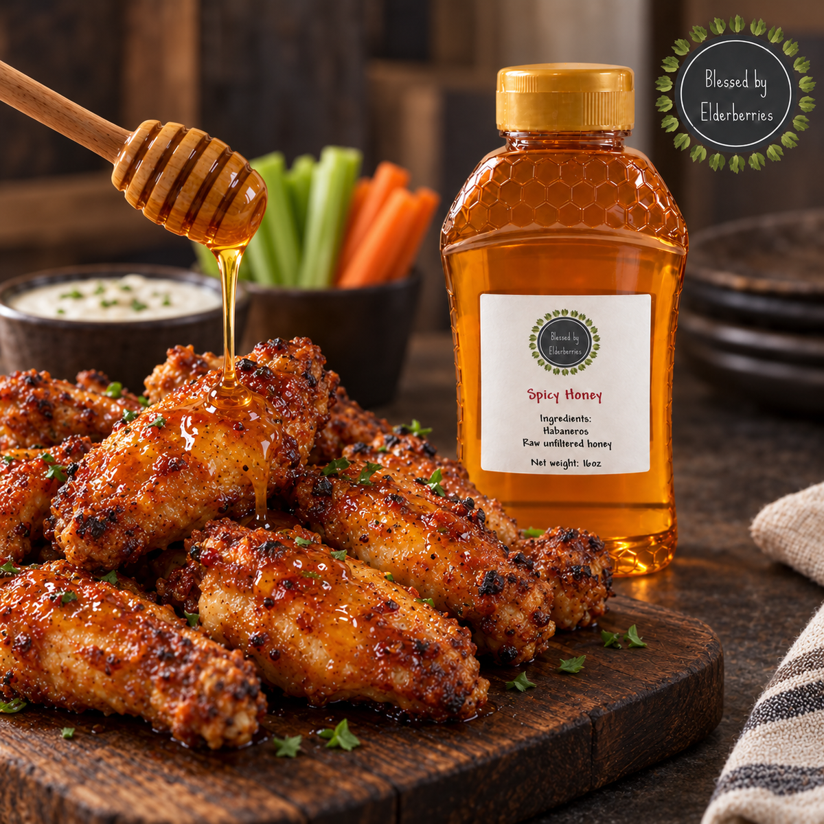 Crispy chicken wings glazed with Blessed by Elderberries habanero-infused Spicy Raw Honey