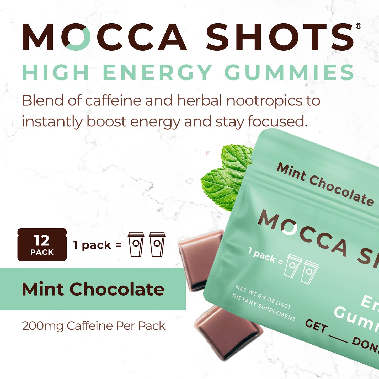 Mocca Shots Mint Chocolate Caffeine Gummy |12-Pack, 24-Shots