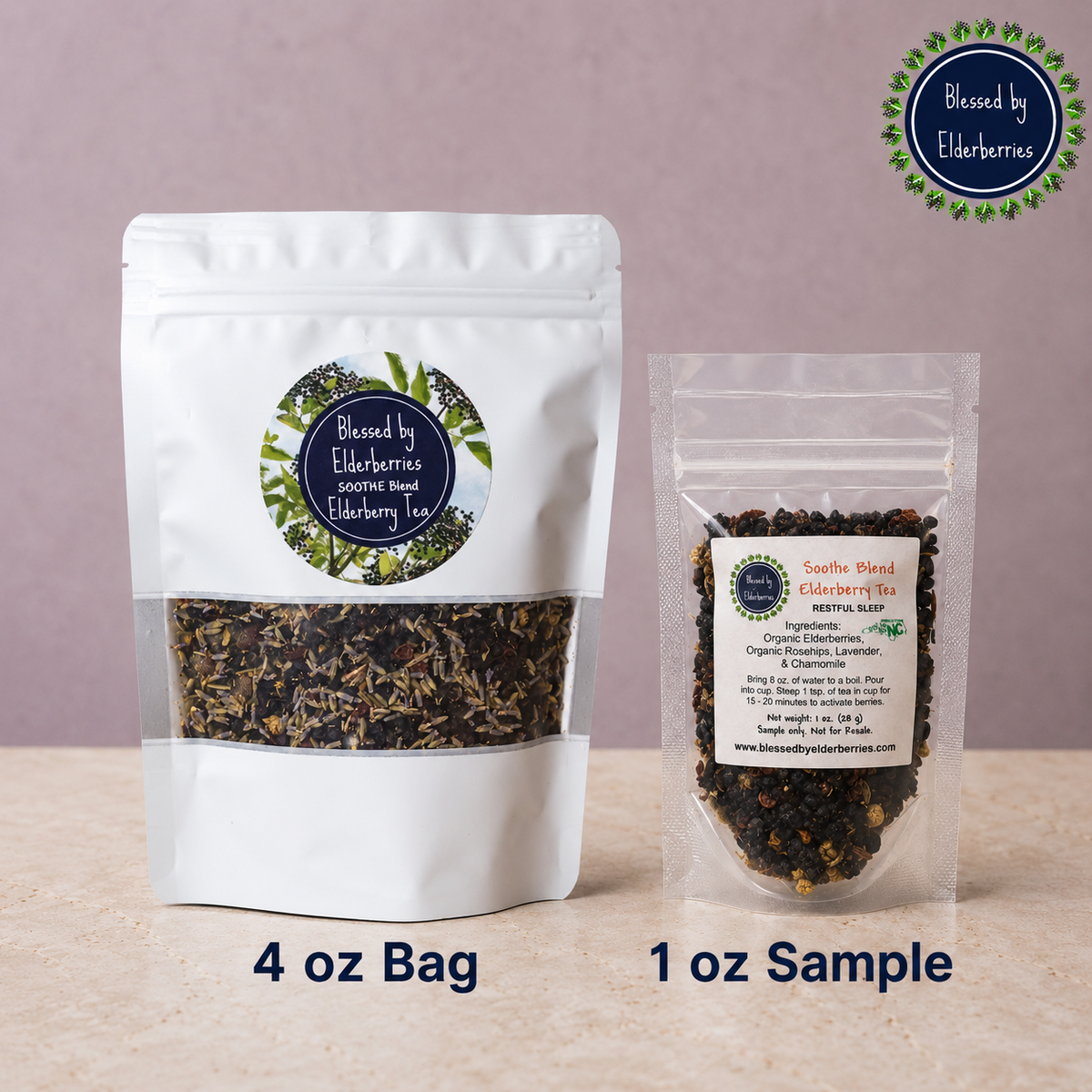Soothe Blend Elderberry Tea shown in a 4 oz bag beside a smaller 1 oz sample pouch