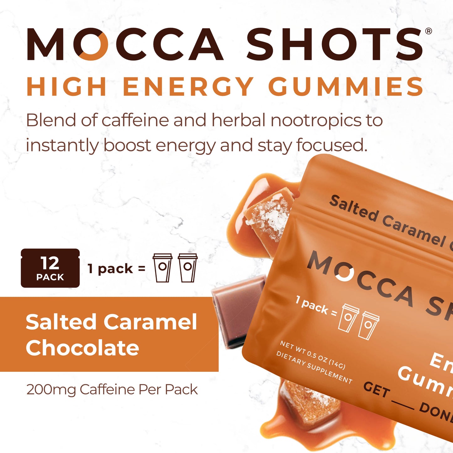 Mocca Shots Salted Caramel Chocolate Caffeine Gummy |12-Pack
