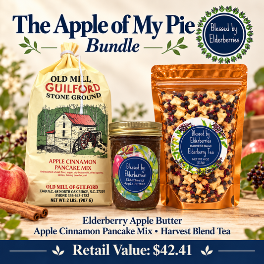 Apple of My Pie bundle with Old Mill of Guilford apple cinnamon pancake mix, 8 oz Elderberry Apple Butter, and 4 oz Harvest Blend Tea.