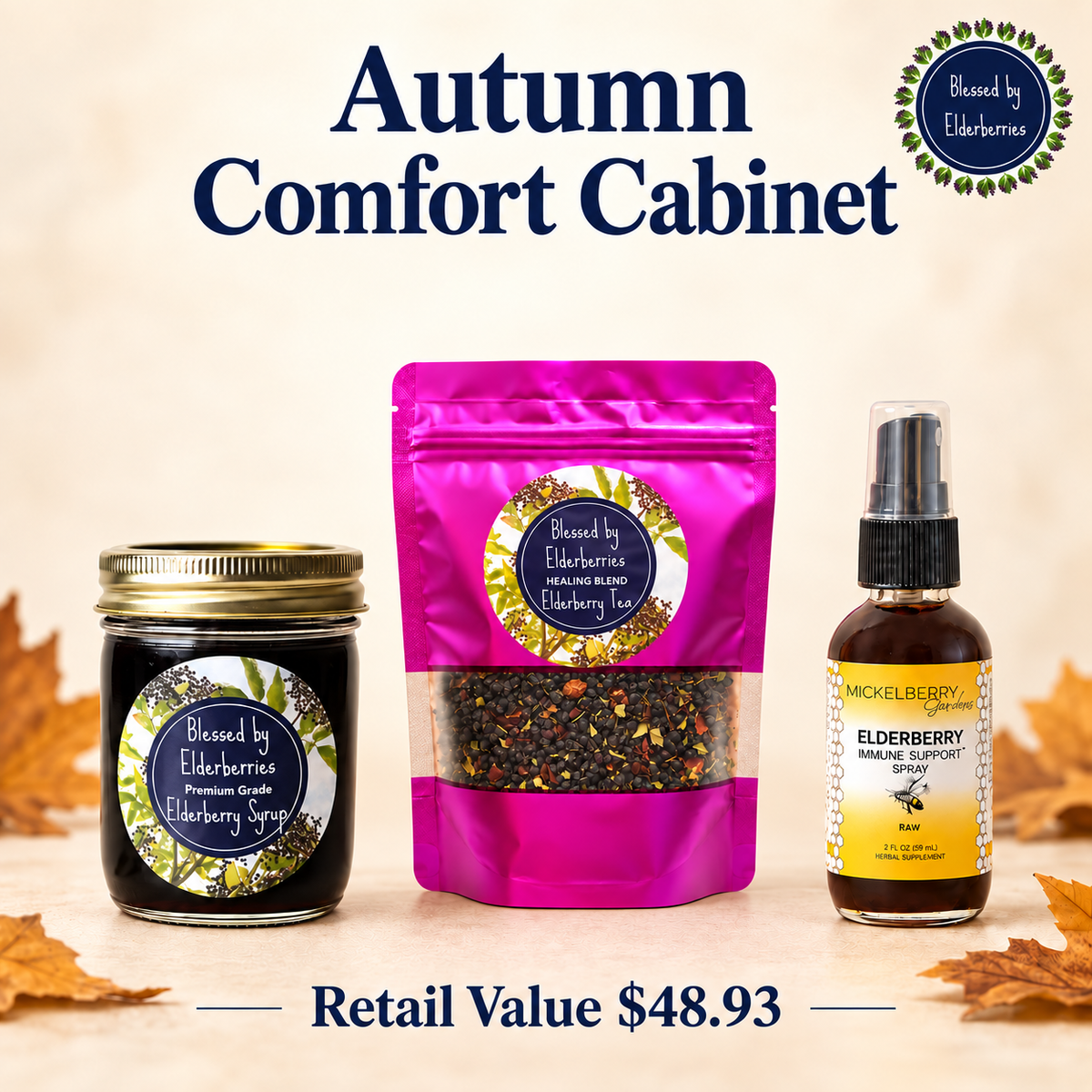 Autumn Comfort Cabinet – Elderberry Syrup, Tea & Spray Bundle