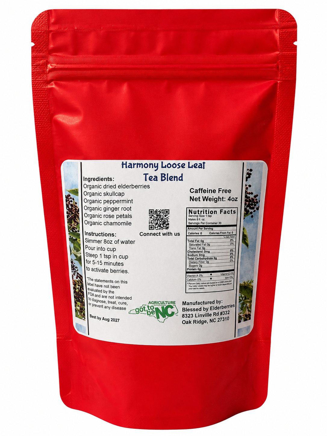 Back of the 4 oz Harmony Blend Elderberry Tea bag showing organic ingredients, brewing instructions, nutrition facts, and product information.