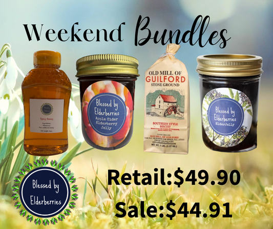 16oz Spicy Honey, 8oz apple cider elderberry & elderberry jelly, 2lb Southern Style Biscuit Mix