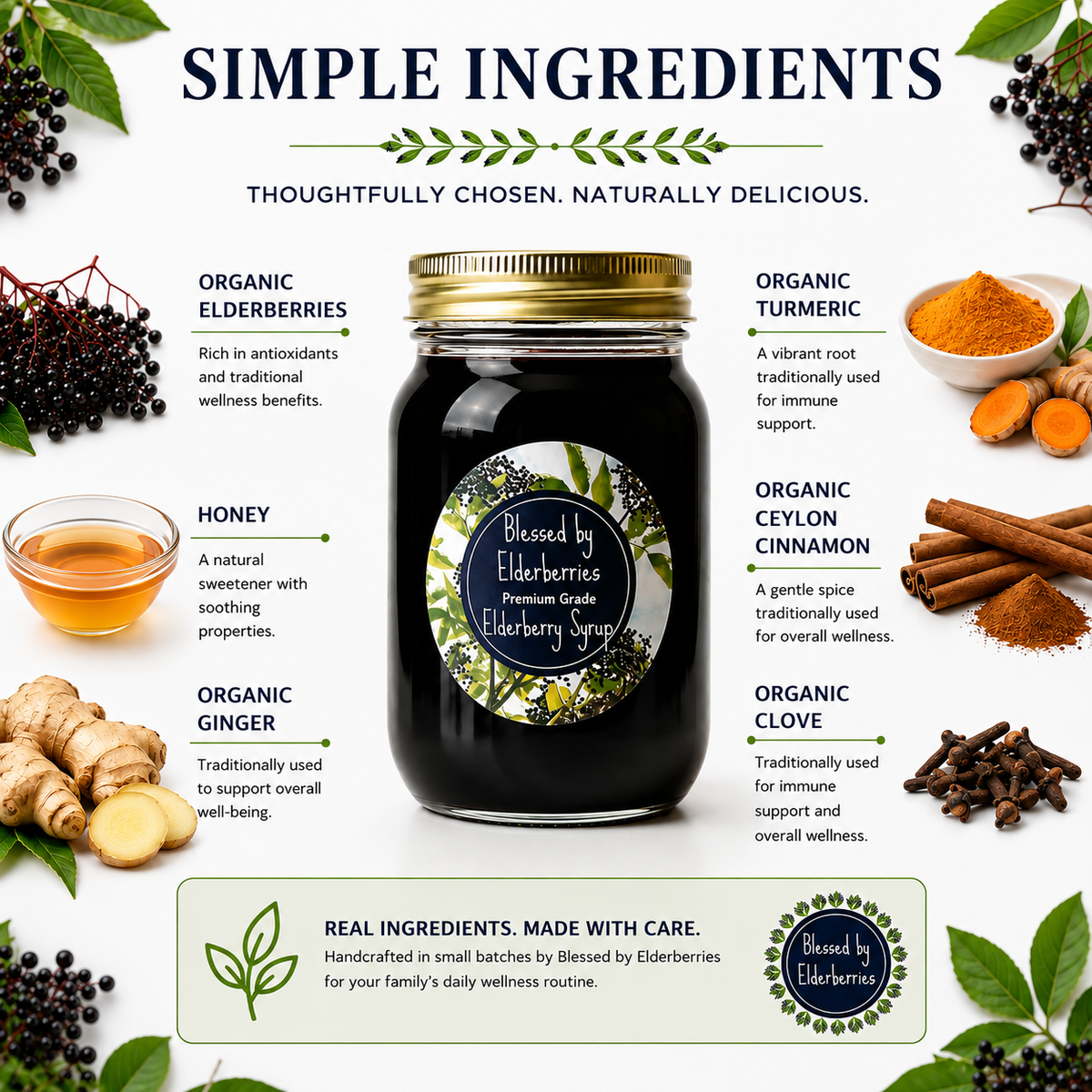 Blessed by Elderberries elderberry syrup with organic elderberries, organic turmeric, organic ginger, organic Ceylon cinnamon, organic clove, and honey