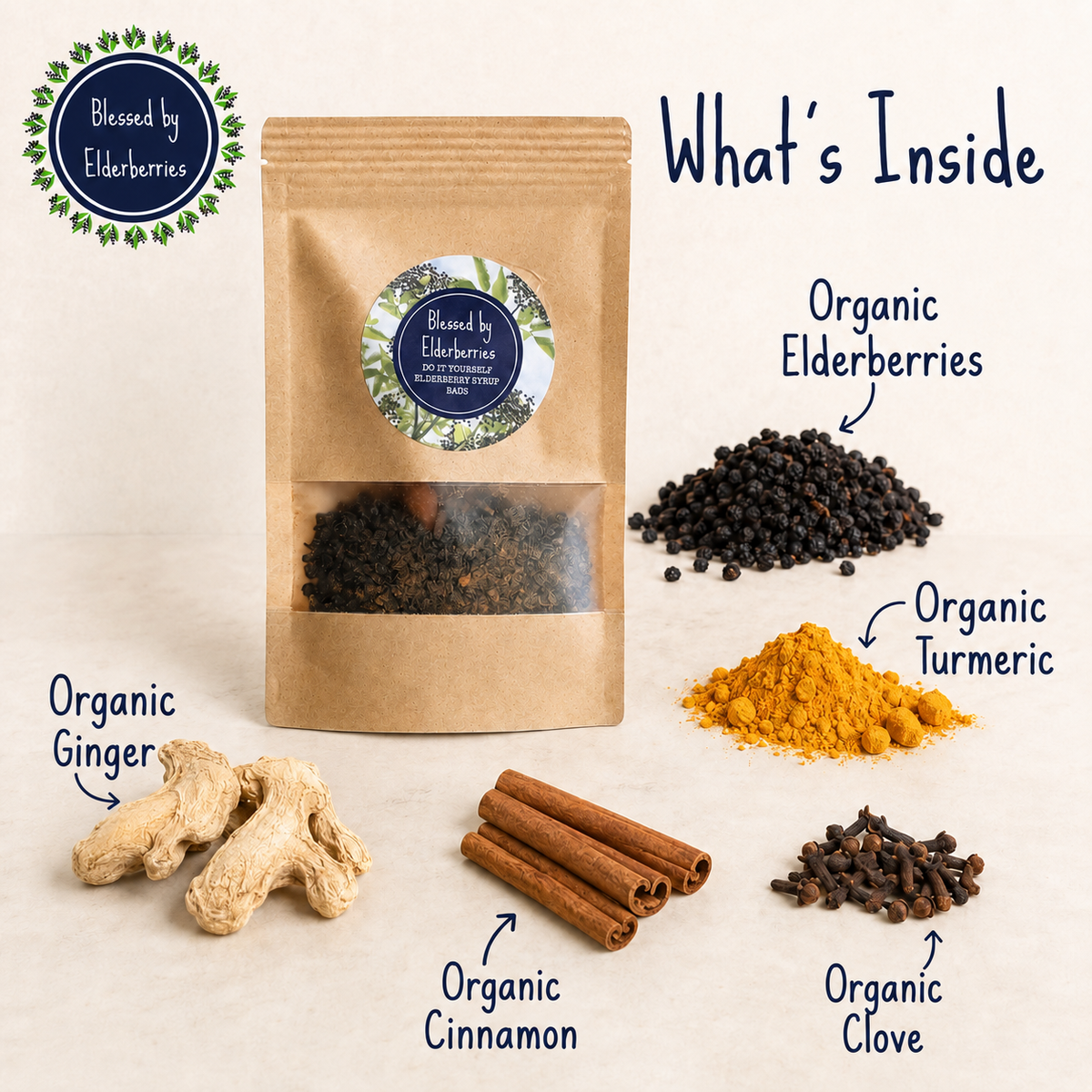 DIY elderberry syrup kit with organic elderberries, turmeric, ginger, cinnamon and cloves