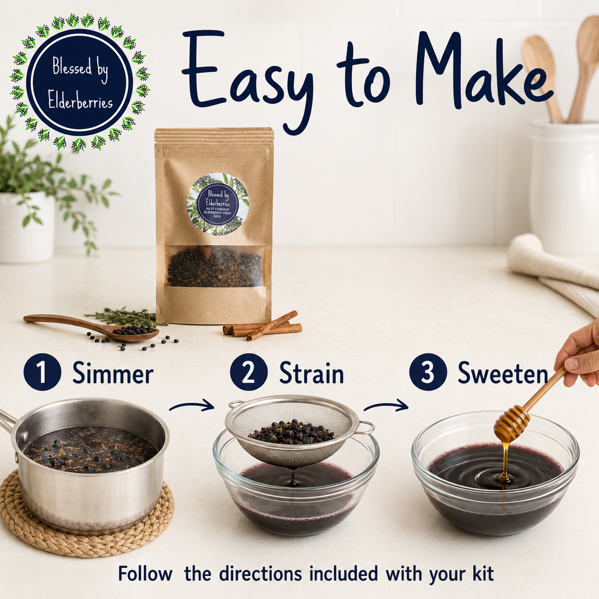 Three steps for making elderberry syrup at home: simmer, strain and sweeten