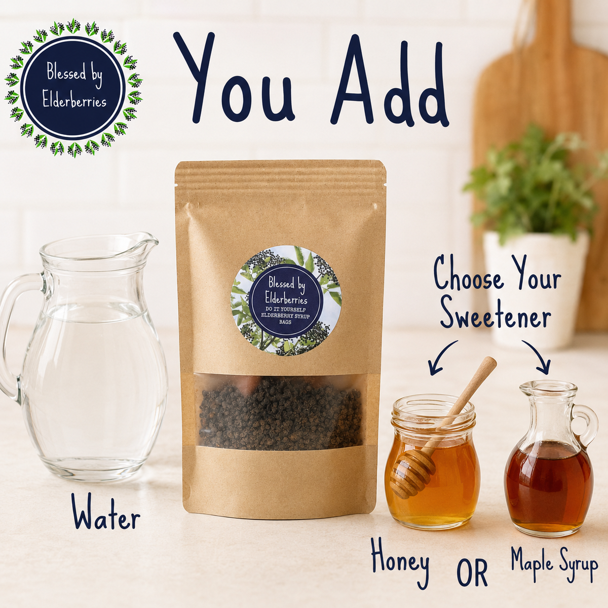 DIY elderberry syrup kit with water and a choice of honey or maple syrup