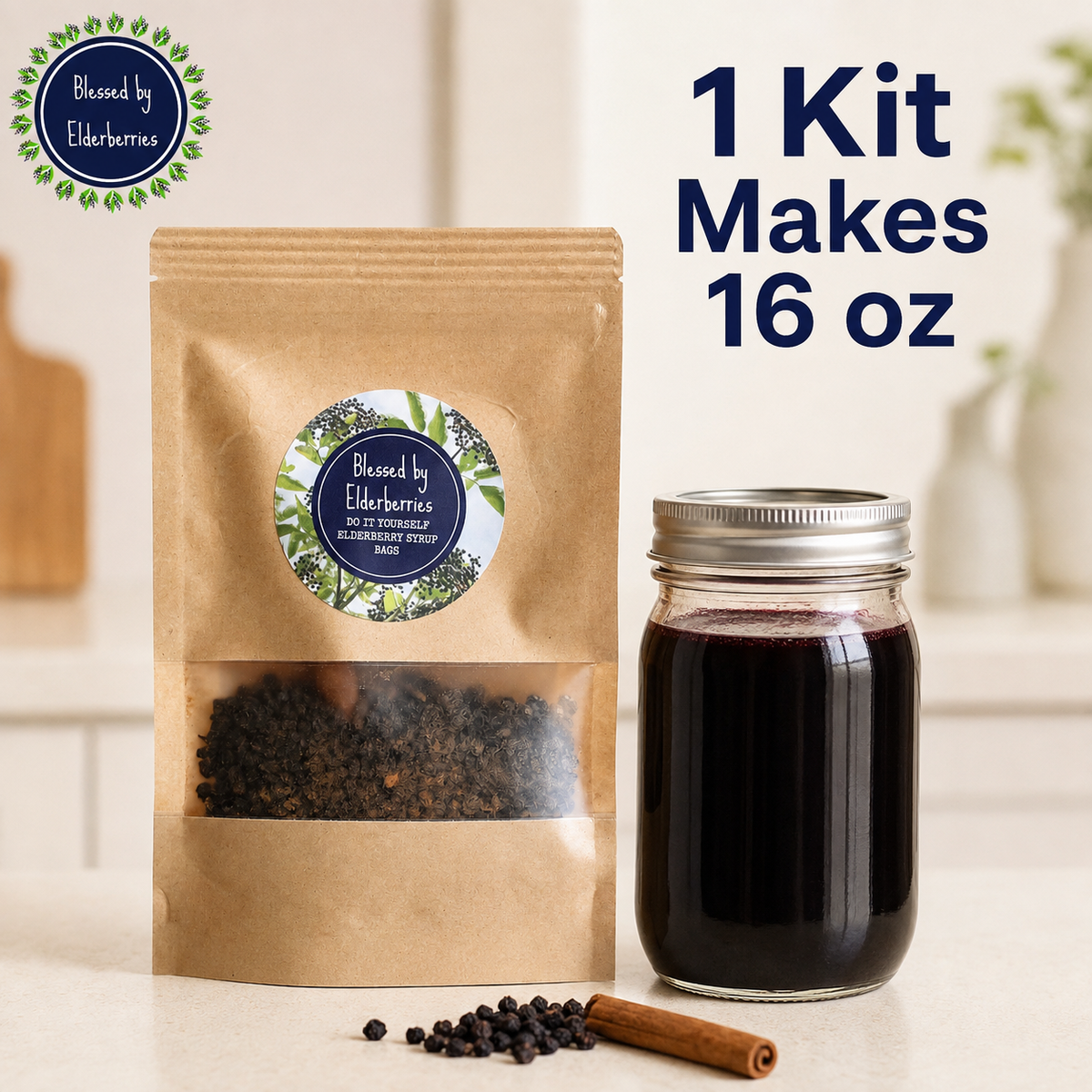 One DIY elderberry syrup kit beside a 16 ounce mason jar of finished elderberry syrup