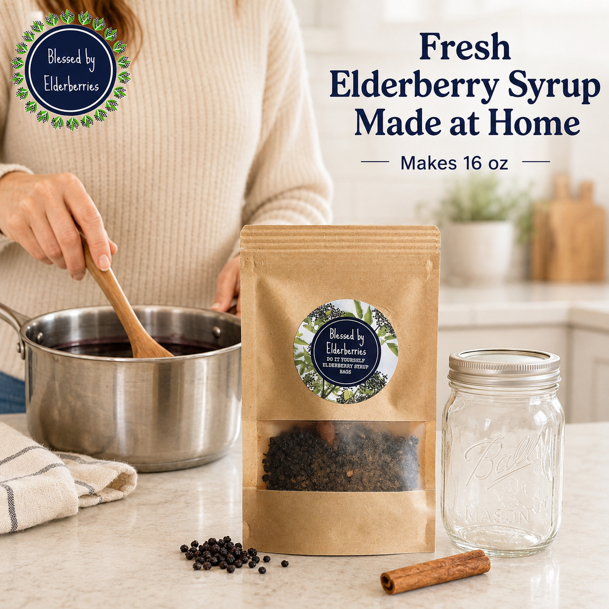Woman preparing fresh elderberry syrup at home with a pint-size DIY elderberry syrup kit