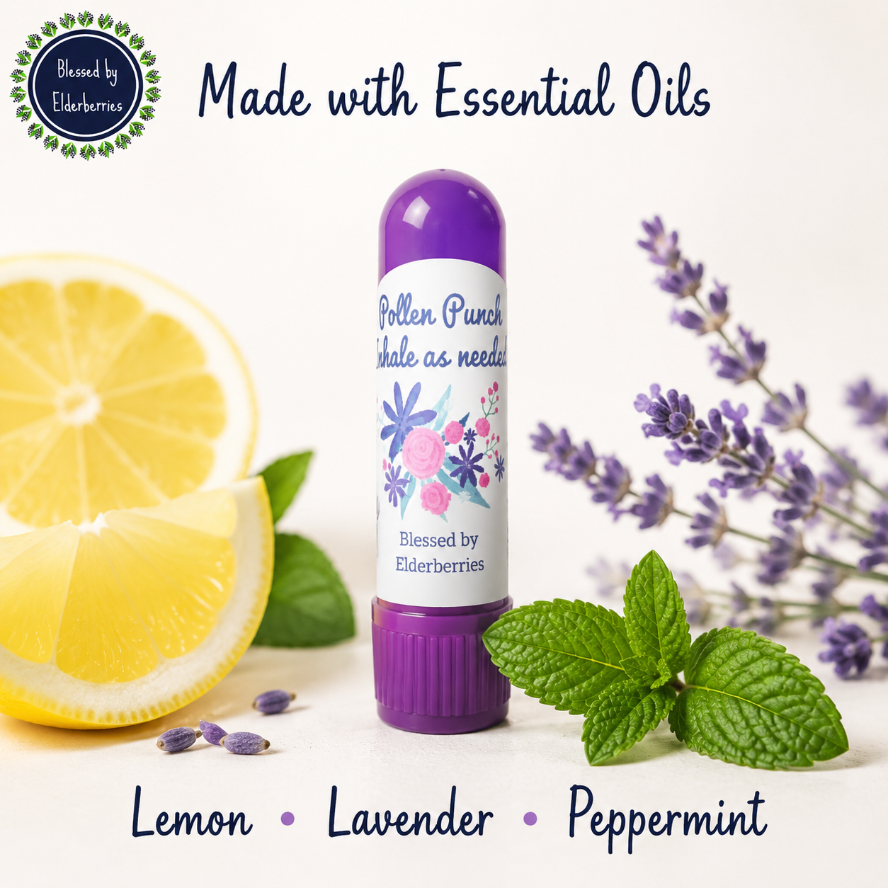 Pollen Punch essential oil inhaler displayed with lemon, lavender, and peppermint by Blessed by Elderberries.