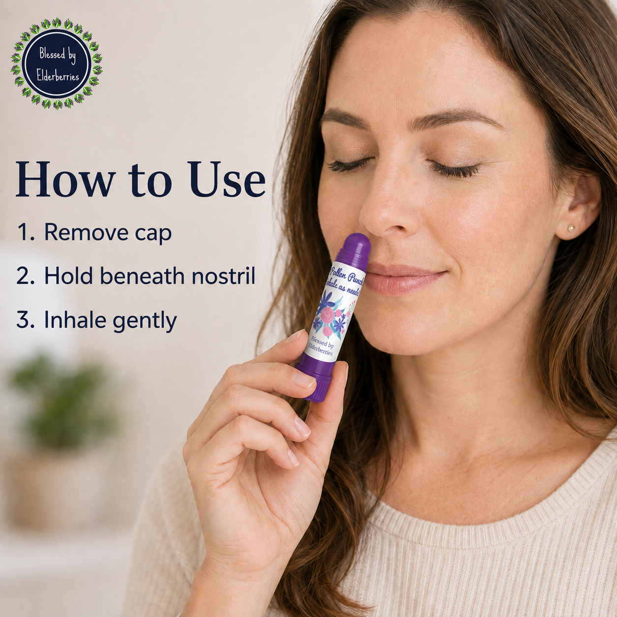 Woman holding a purple Pollen Punch essential oil inhaler beneath her nostril with three simple usage instructions.