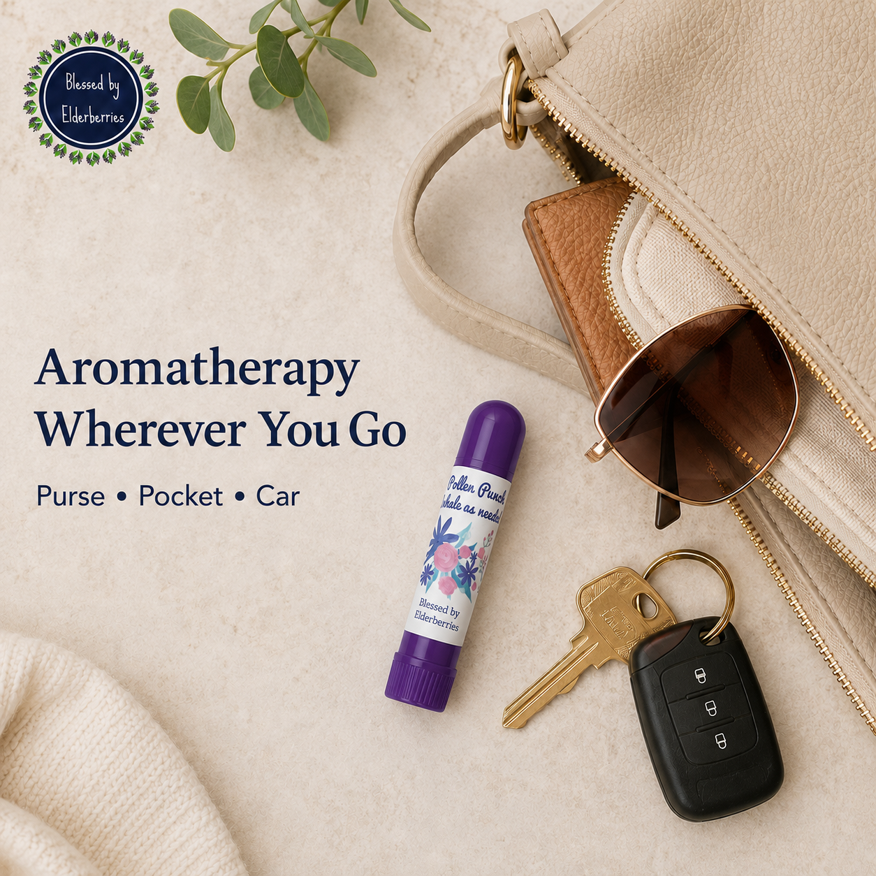 Purple Pollen Punch essential oil inhaler displayed beside a purse, sunglasses, and car keys for portable aromatherapy.