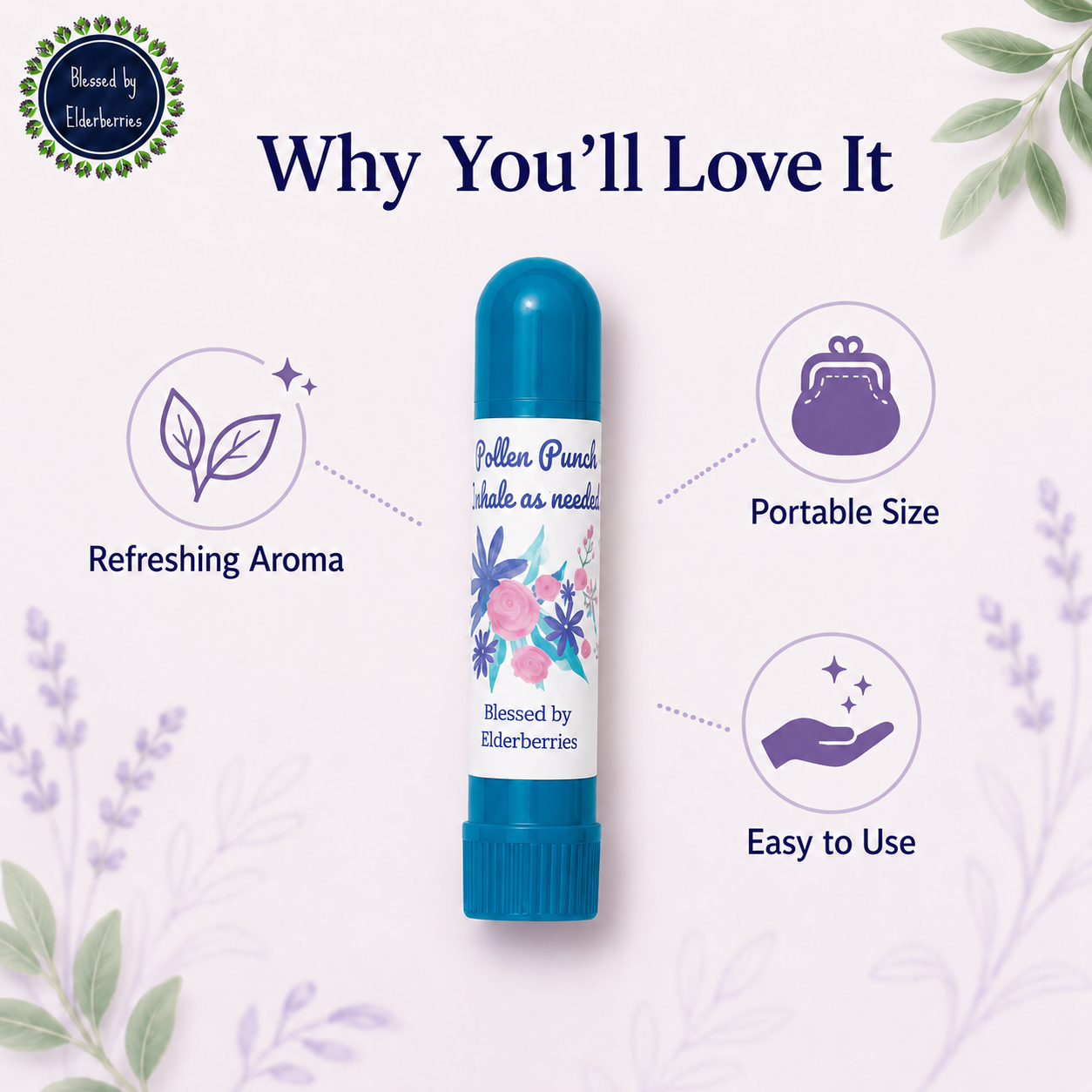Blue Pollen Punch essential oil inhaler highlighting its refreshing aroma, portable size, and easy use.