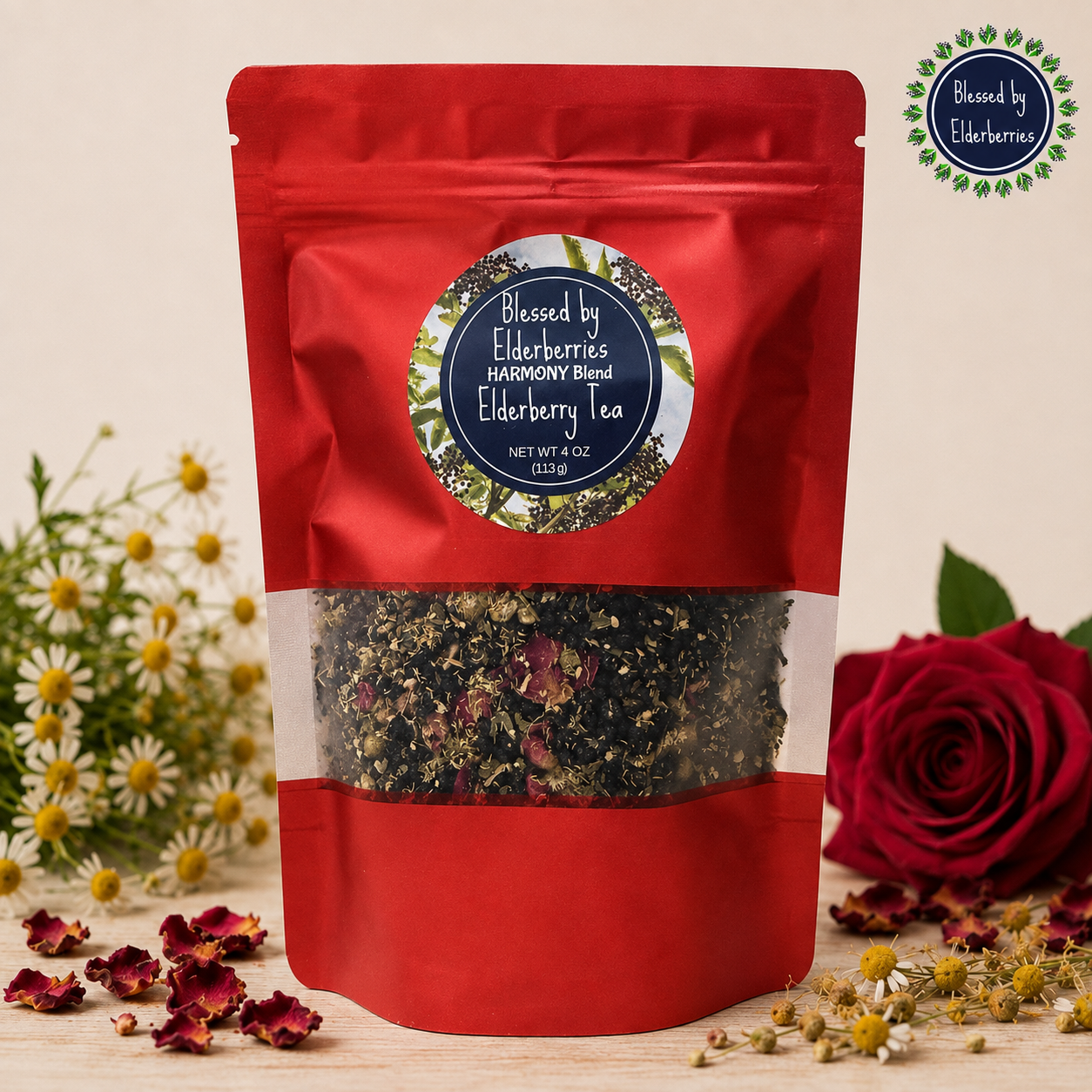 Four ounce Harmony Blend Elderberry Tea in a red resealable bag with organic elderberries, herbs, chamomile, and a red rose.