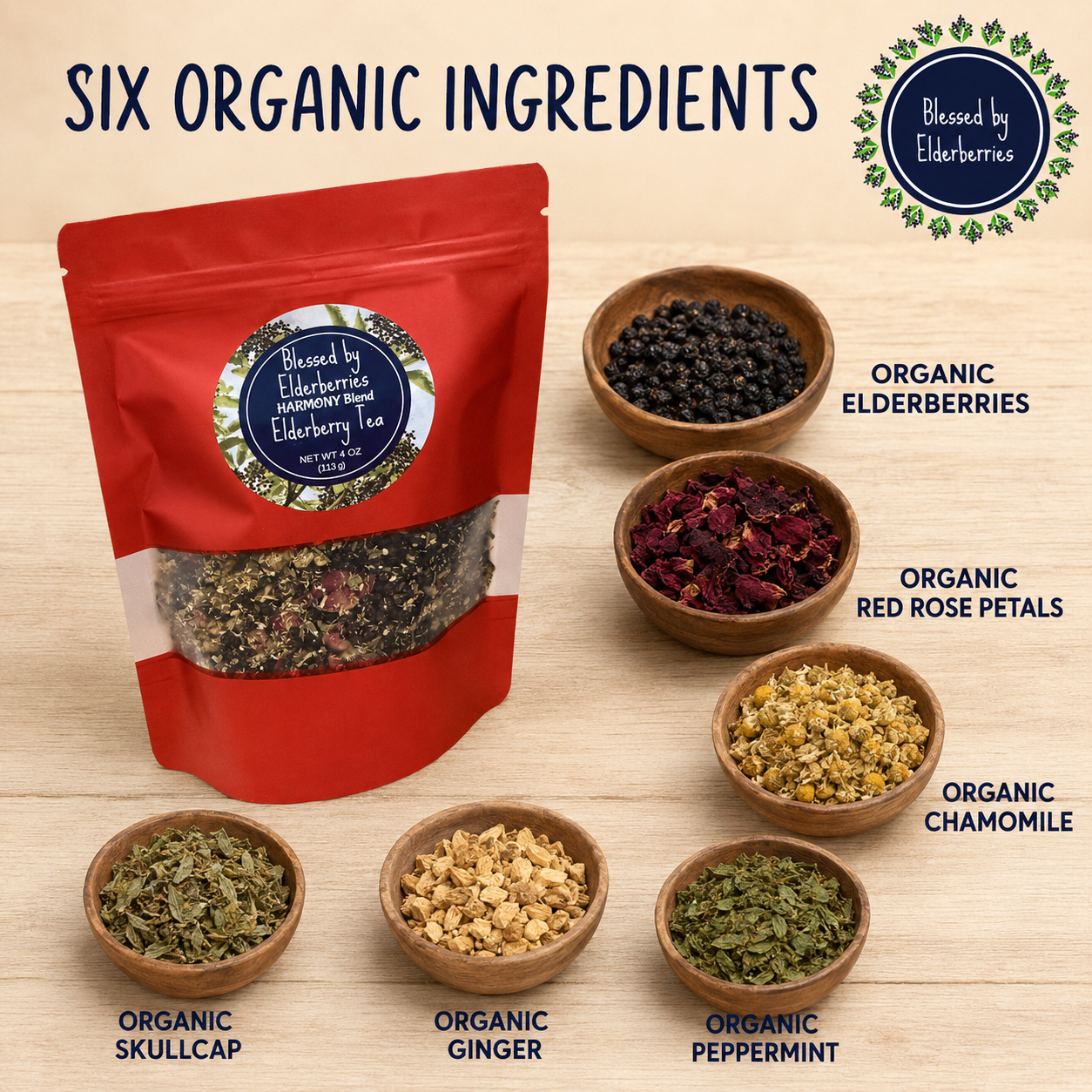 Harmony Blend Elderberry Tea with organic elderberries, red rose petals, chamomile, skullcap, ginger, and peppermint displayed in wooden bowls.