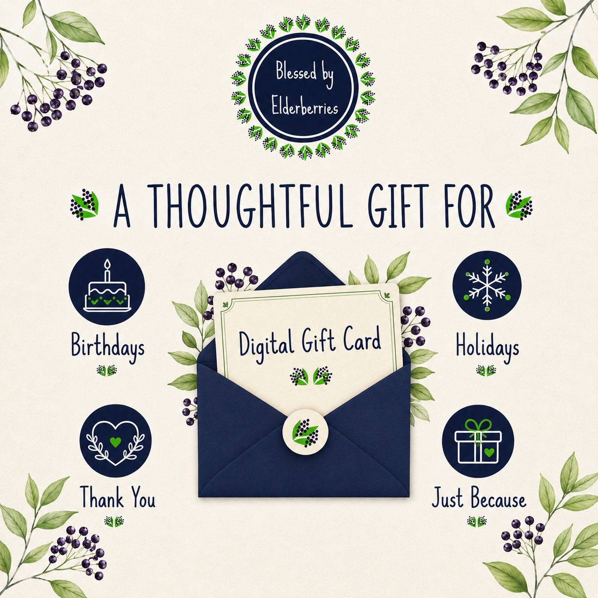 Blessed by Elderberries digital gift card for birthdays, holidays, thank-you gifts, and just-because surprises