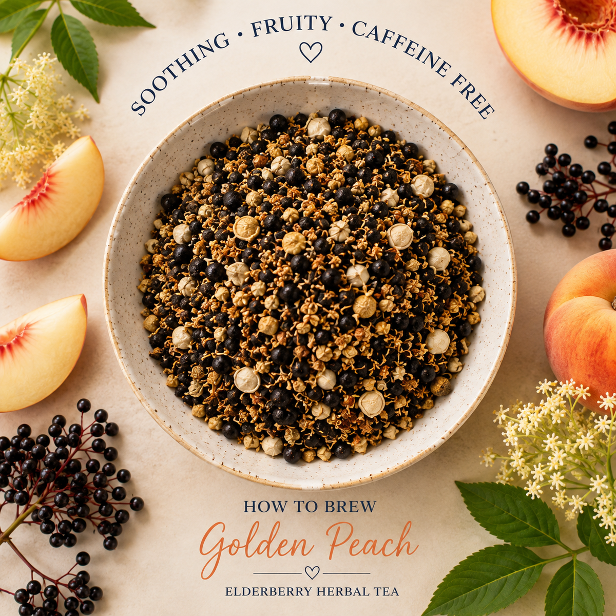 Golden Peach Elderberry Herbal Tea with white peaches and loose leaf herbal tea blend