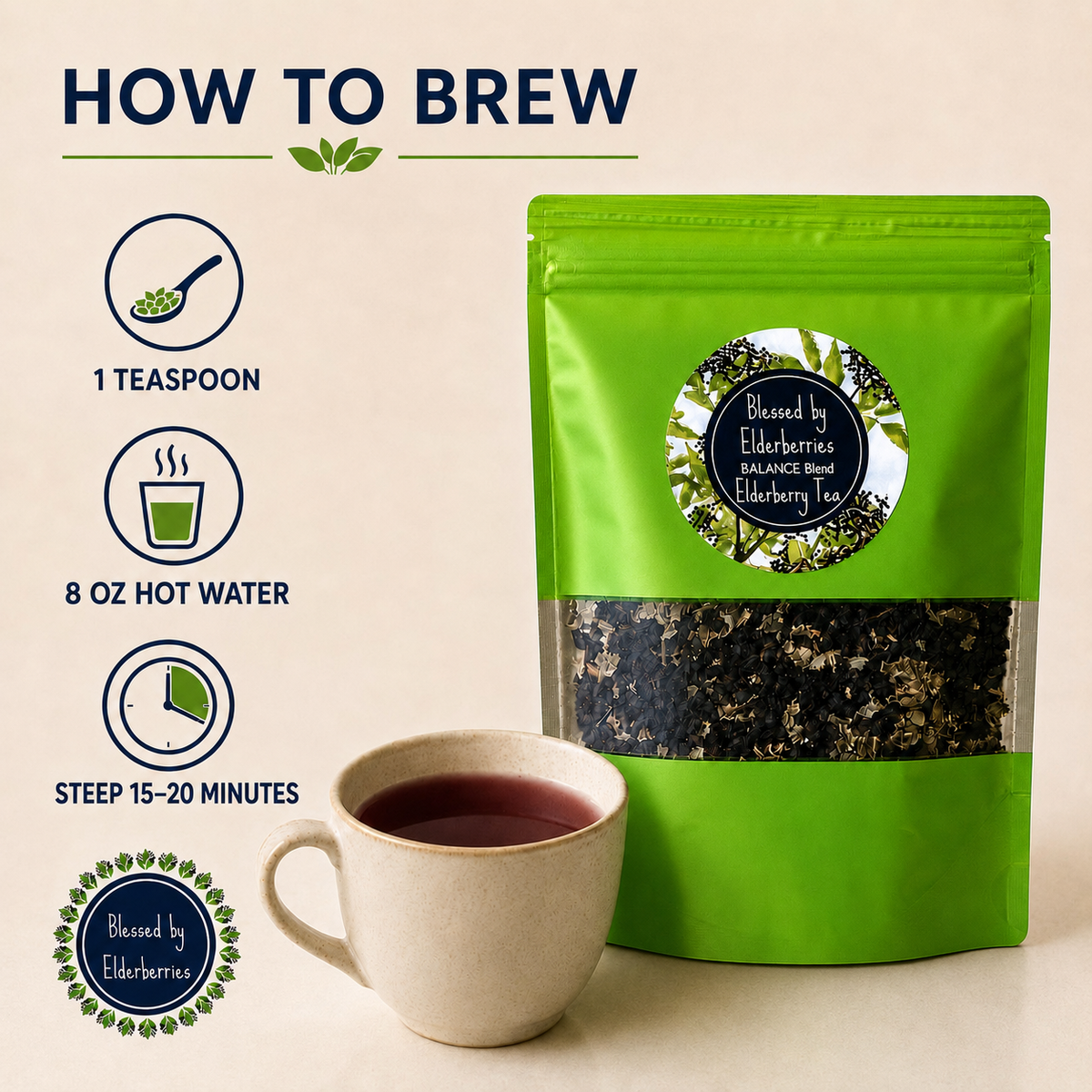 How to brew Balance Blend tea with 1 teaspoon, 8 ounces of hot water, and a 15-to-20-minute steep