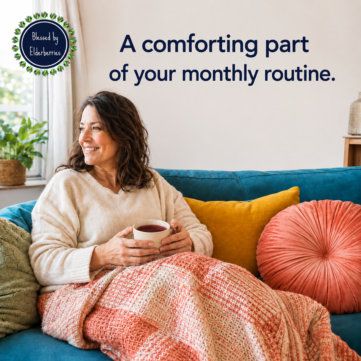 Woman relaxing with a cup of dark elderberry tea as part of her monthly self-care routine