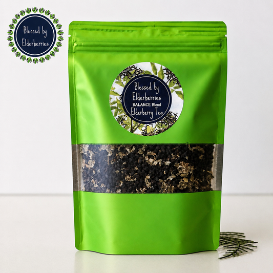 Balance Blend elderberry and red raspberry leaf tea in a green resealable pouch by Blessed by Elderberries