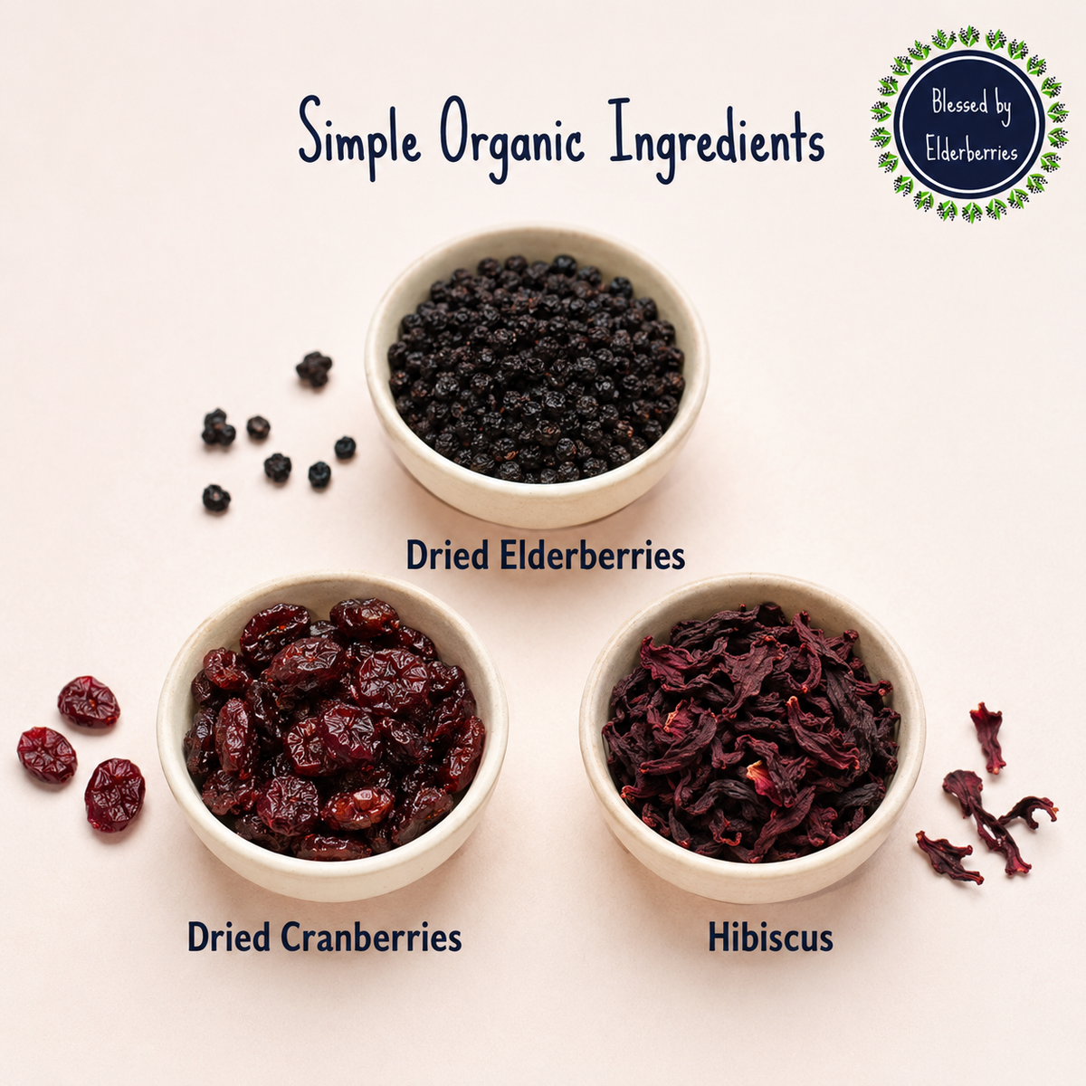 Organic dried elderberries, cranberries, and hibiscus displayed in bowls for Power Blend Elderberry Herbal Tea