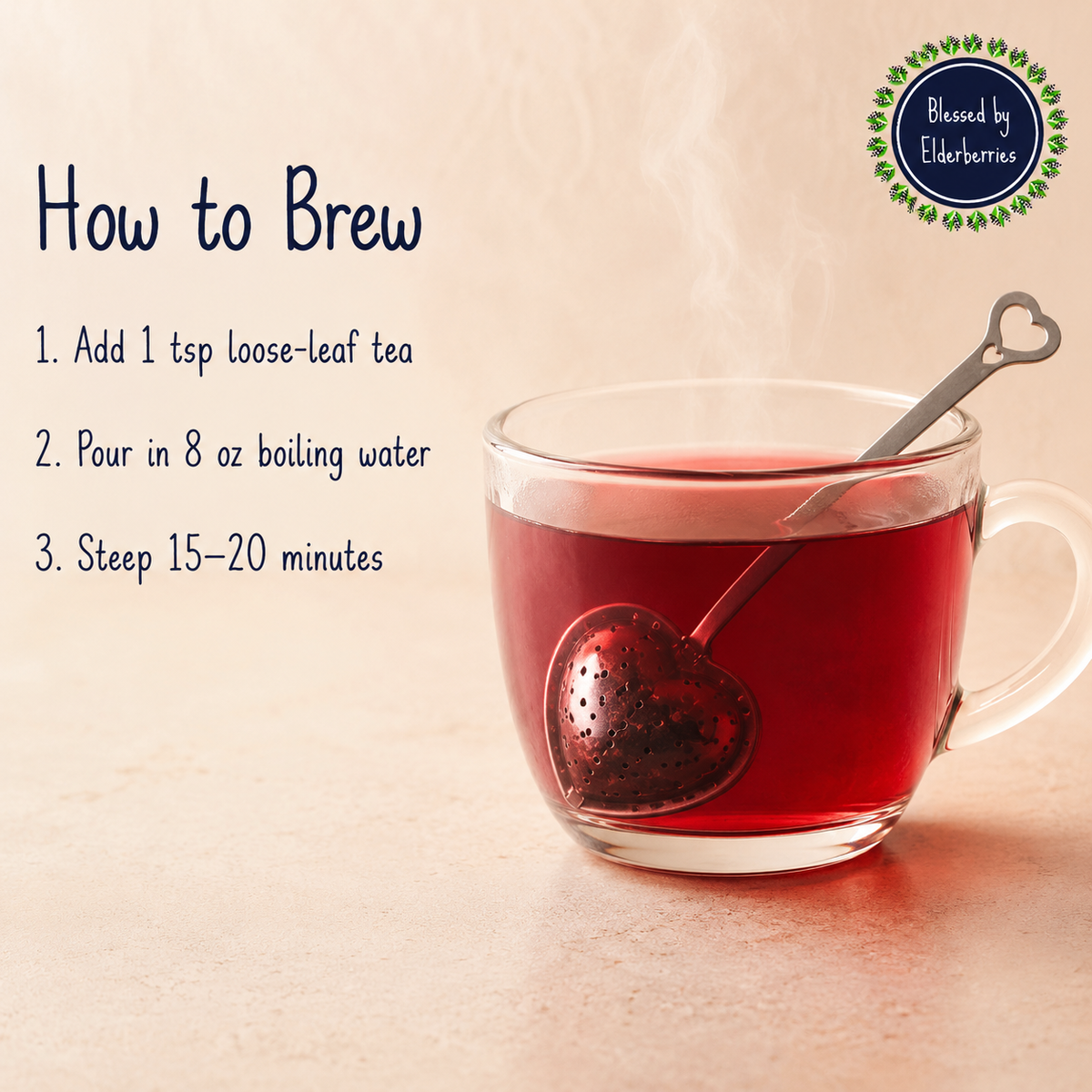 Power Blend brewing guide showing 1 teaspoon of tea, 8 ounces of boiling water, and a 15–20 minute steep