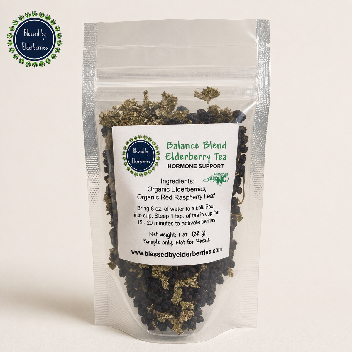 Clear 1 oz Balance Blend Elderberry Tea pouch with organic elderberries and red raspberry leaf