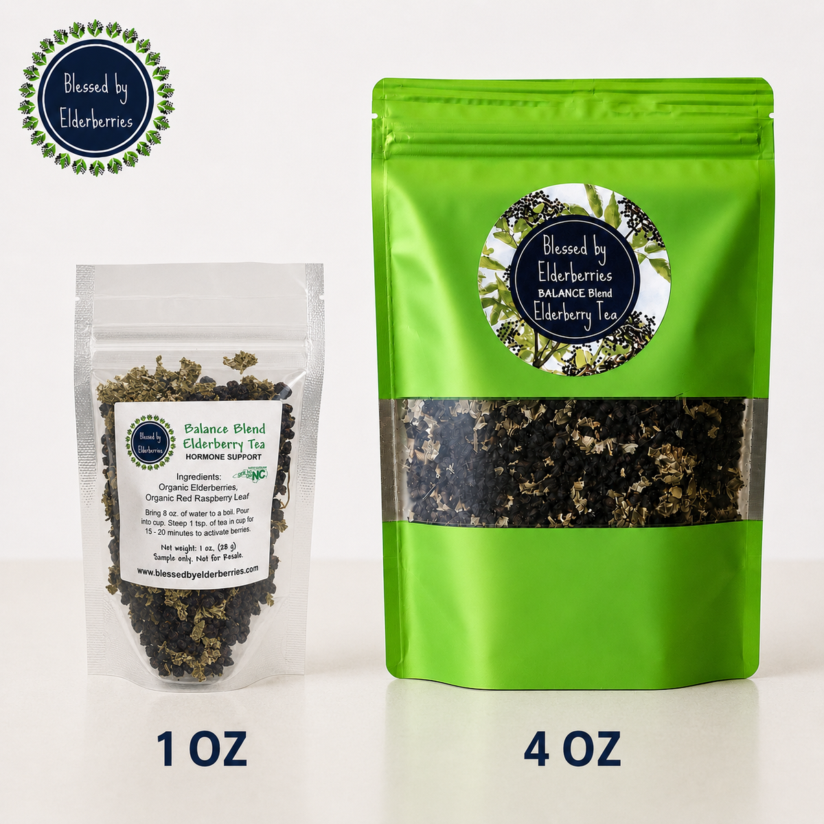 Balance Blend Elderberry Tea shown in 1 oz clear pouch and 4 oz green pouch sizes