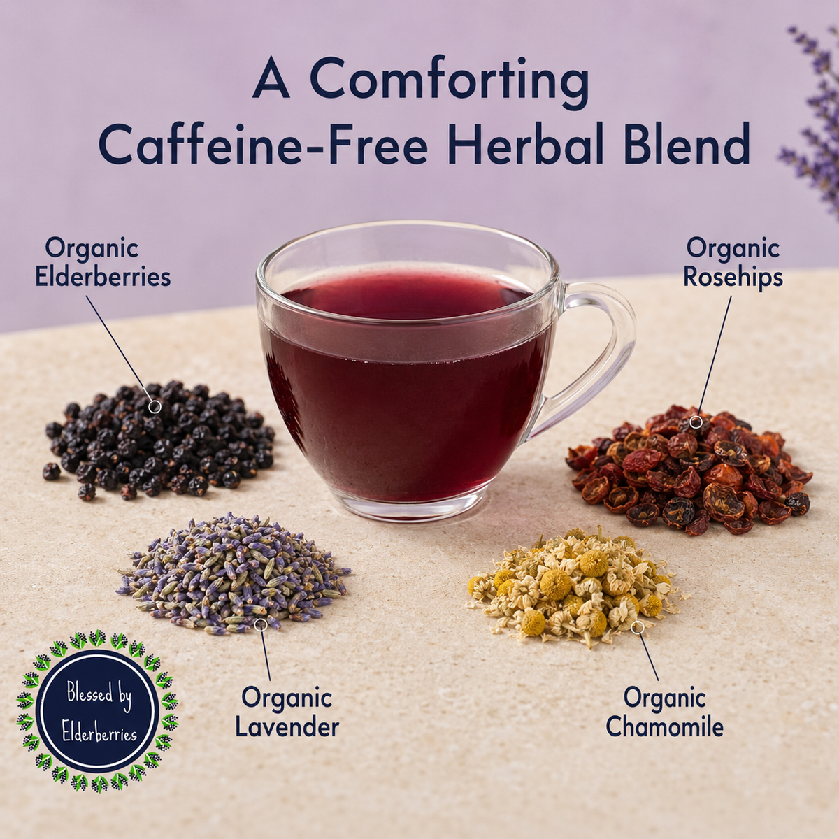 Clear glass cup of ruby-colored Soothe tea with organic elderberries, rosehips, lavender and chamomile