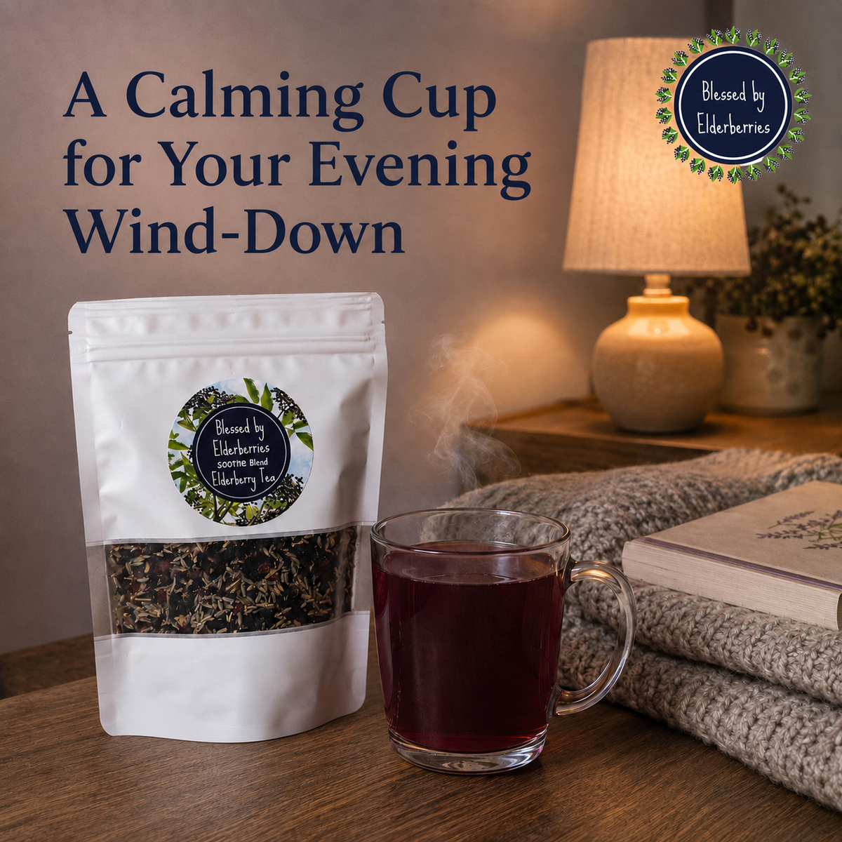 Soothe Blend Elderberry Tea bag beside a clear glass cup of dark ruby tea in a cozy evening setting