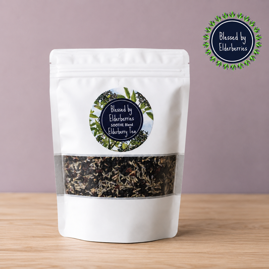 White 4 oz bag of Soothe Blend Elderberry Tea with visible loose herbal tea