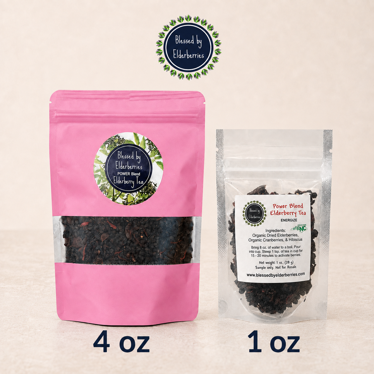 Power Blend Elderberry Herbal Tea in a pink 4 oz bag and clear 1 oz sample pouch shown side by side