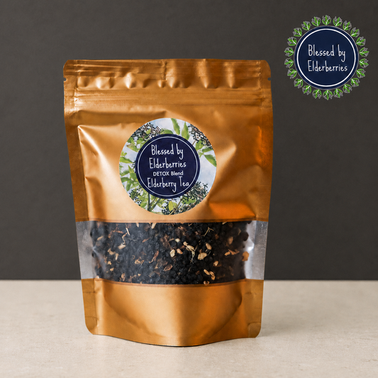 Gold 4 oz bag of Detox Blend Elderberry Herbal Tea by Blessed by Elderberries