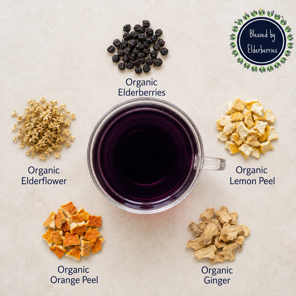 Deep purple elderberry tea with organic elderberries, elderflower, lemon peel, orange peel, and ginger