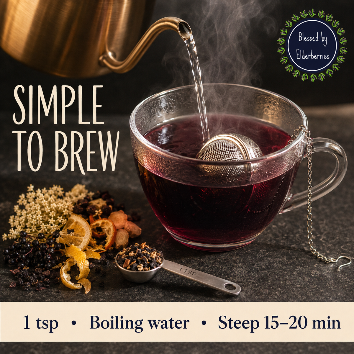 Detox elderberry tea brewing guide showing 1 teaspoon, boiling water, and a 15–20 minute steep