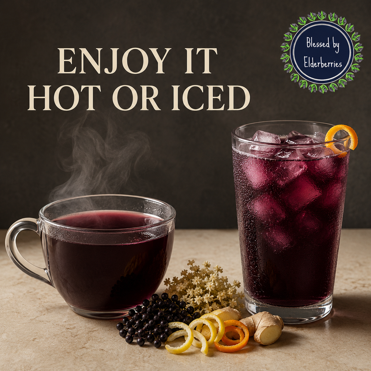 Deep purple Detox elderberry tea served hot in a glass cup and iced in a tall glass