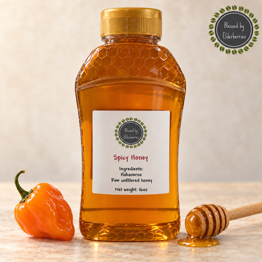 16 oz bottle of Blessed by Elderberries habanero-infused Spicy Raw Honey with an orange habanero and honey dipper