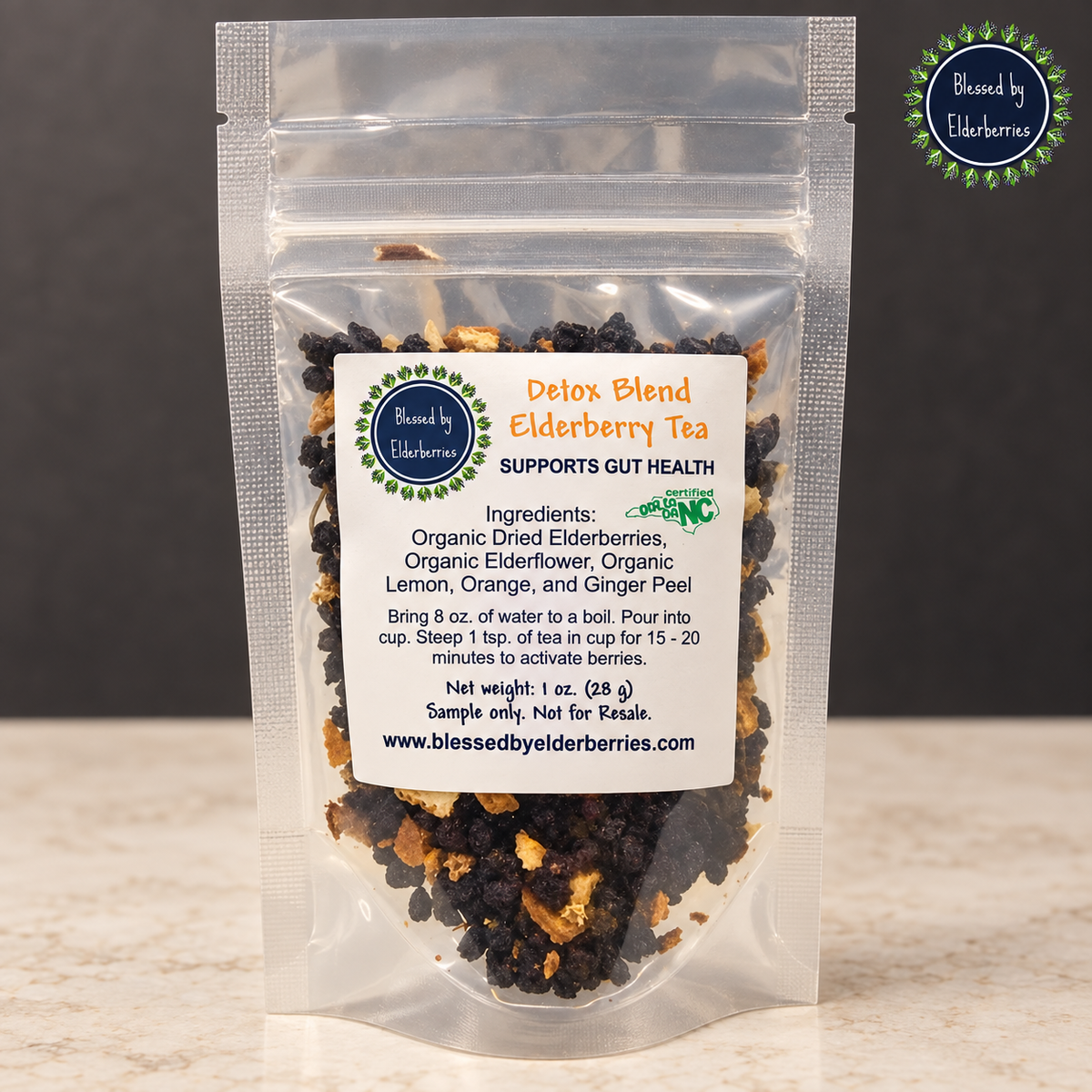 Clear 1 oz pouch of Detox Blend Elderberry Herbal Tea by Blessed by Elderberries