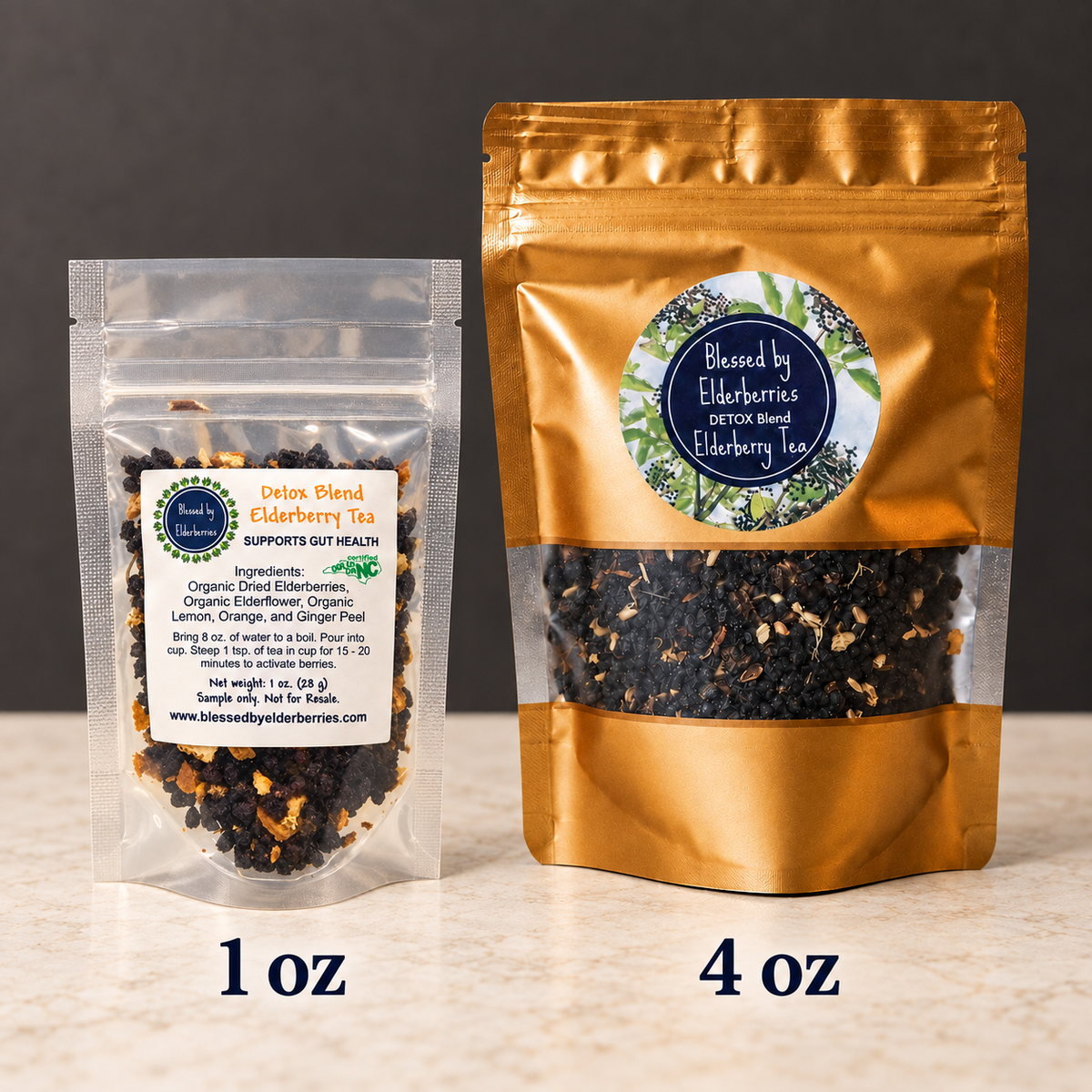 Detox Blend Elderberry Herbal Tea shown in 1 oz and 4 oz pouch sizes