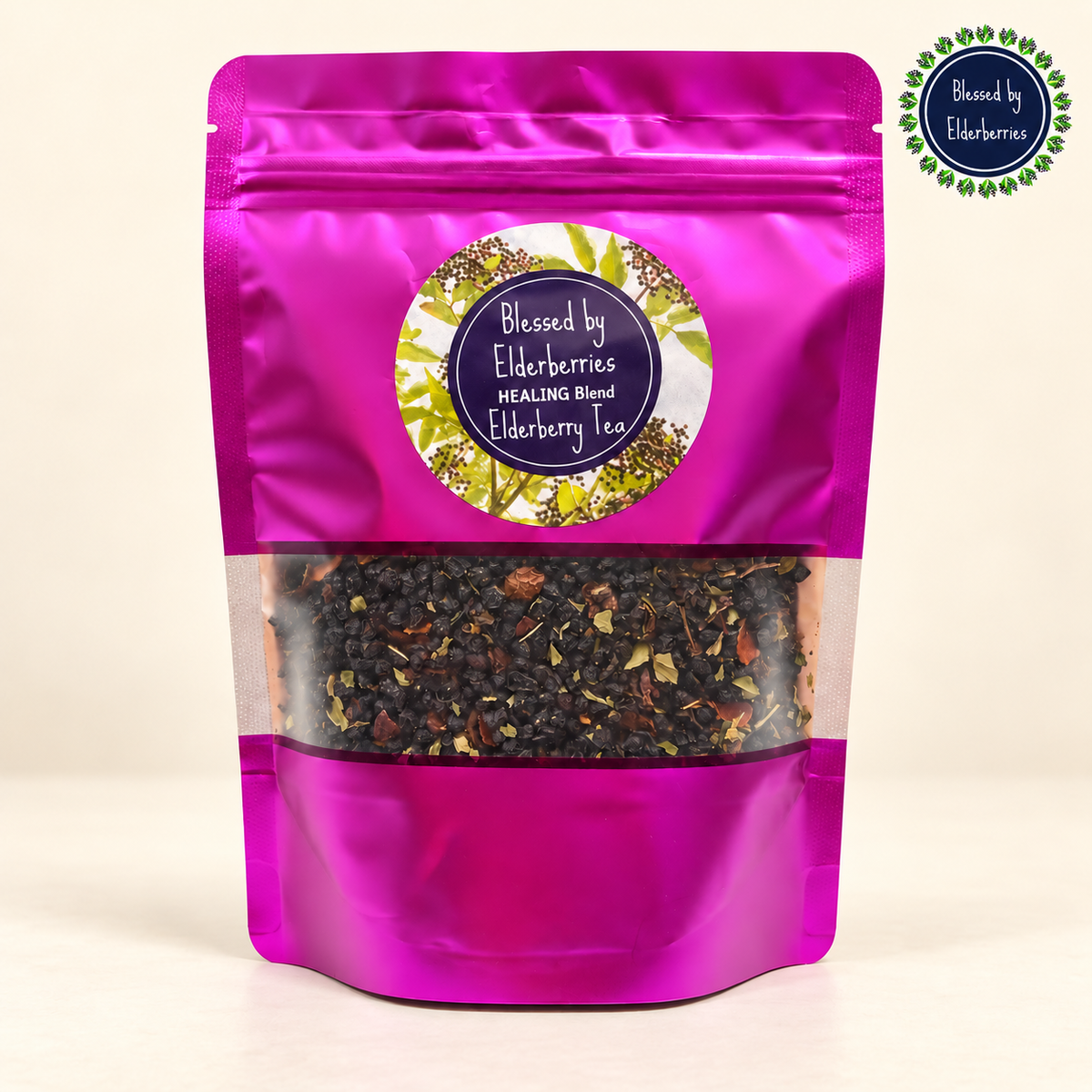 Magenta 4 oz pouch of Blessed by Elderberries Healing Blend Elderberry Herbal Tea.