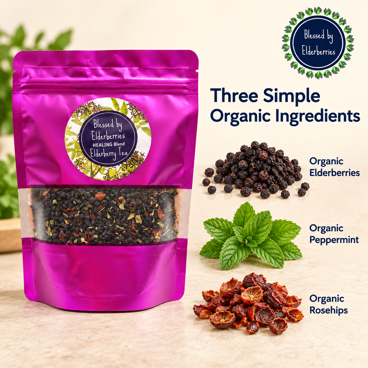 Healing Blend tea pouch with organic elderberries, fresh peppermint leaves, and dried rosehips.