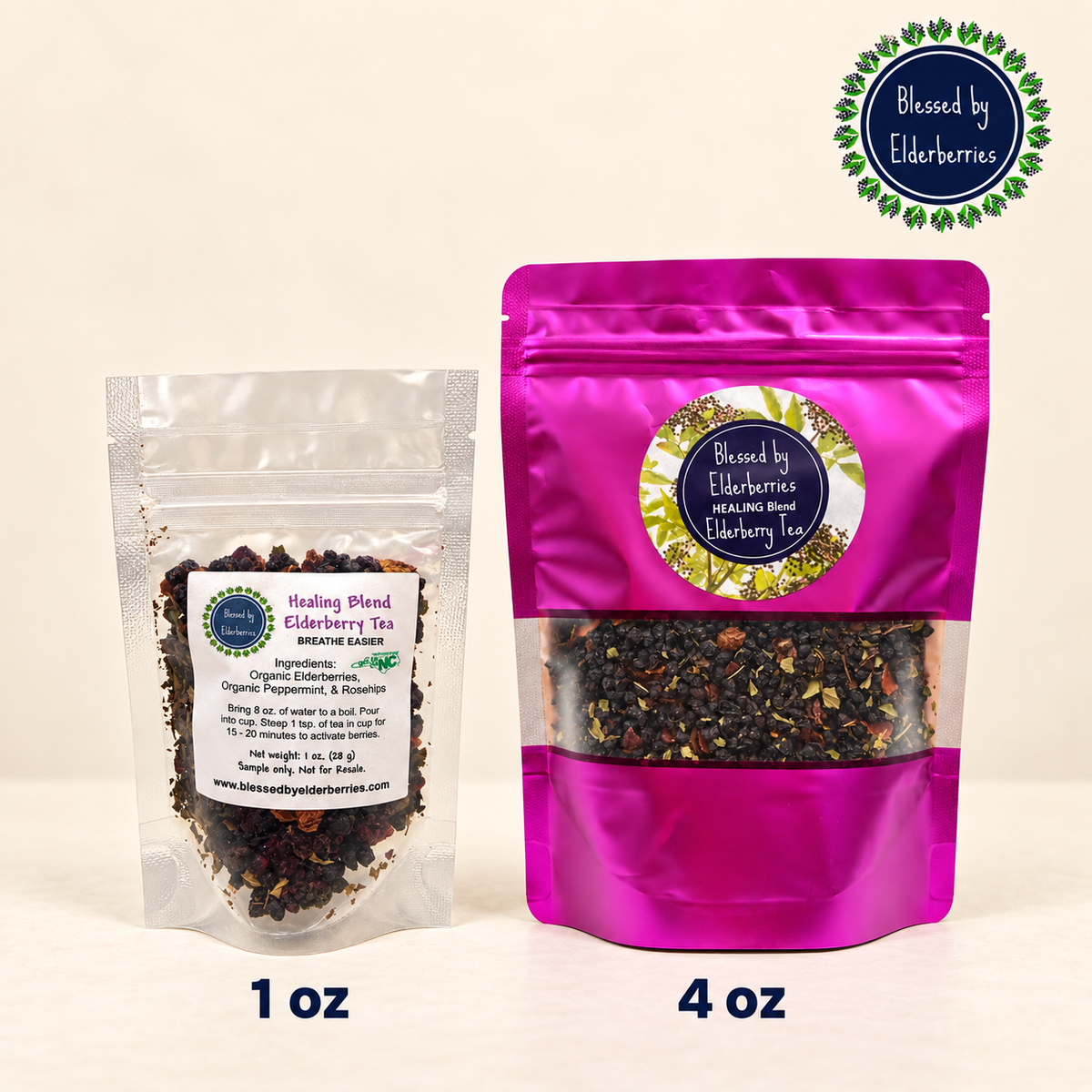 1 oz and 4 oz Healing Blend Elderberry Herbal Tea pouches shown side by side for size comparison.