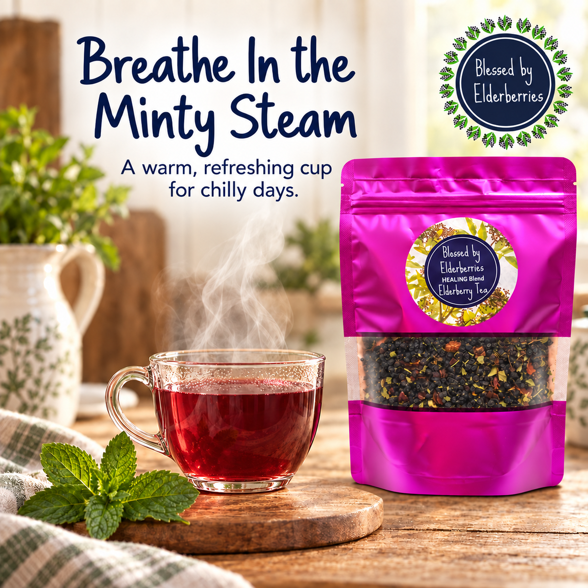 Healing Blend Elderberry Herbal Tea beside a steaming glass cup of deep berry-red peppermint tea.