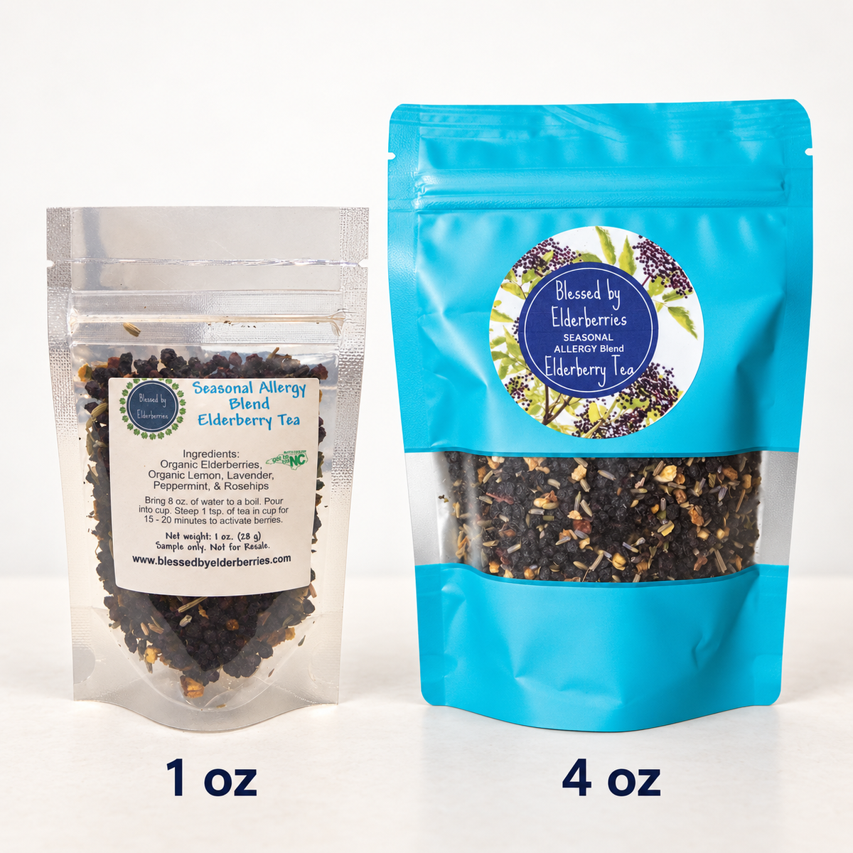 Seasonal Allergy Blend Elderberry Tea shown in 1 oz and 4 oz bags side by side.
