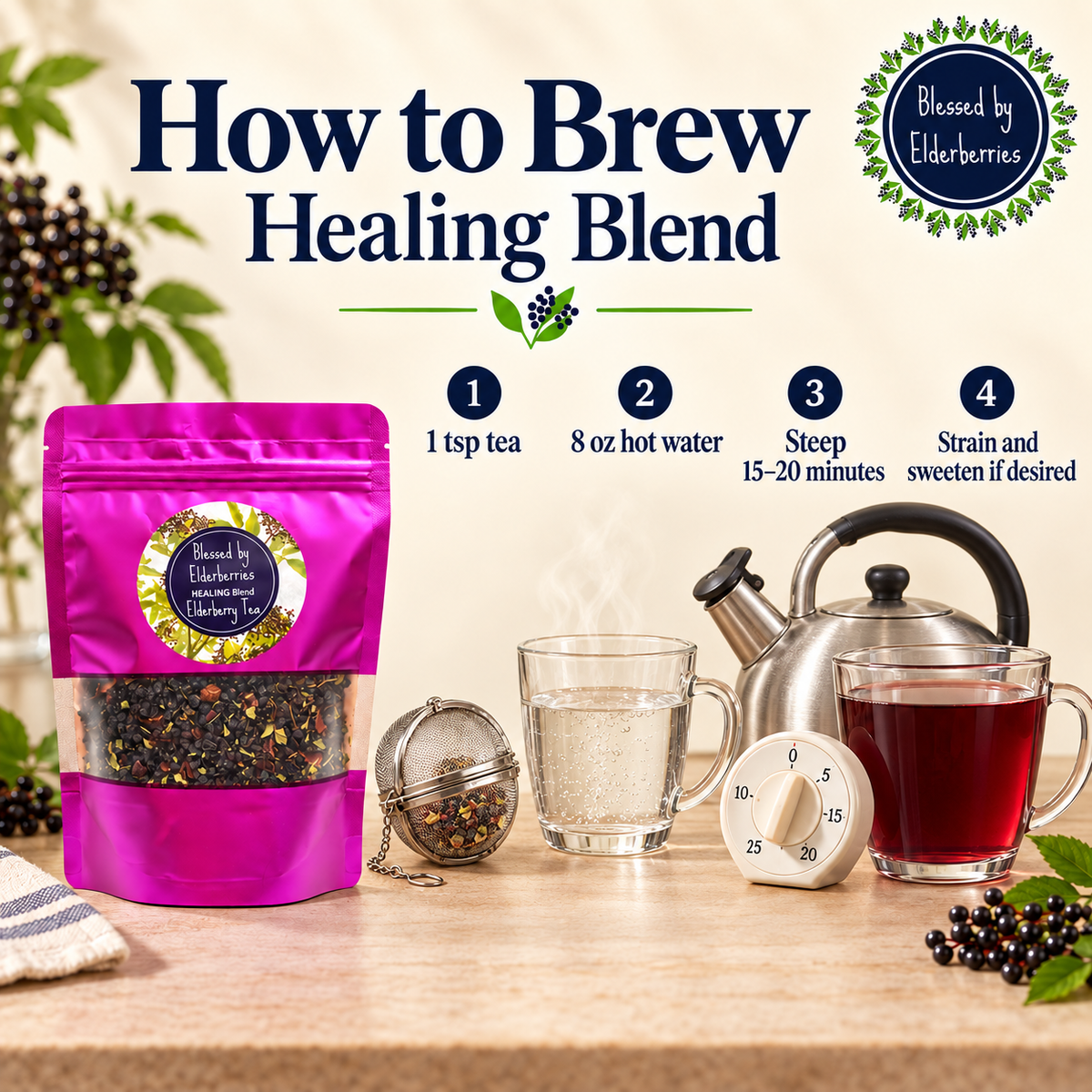 Healing Blend brewing guide showing 1 teaspoon of tea, 8 ounces of hot water, and a 15–20 minute steep.