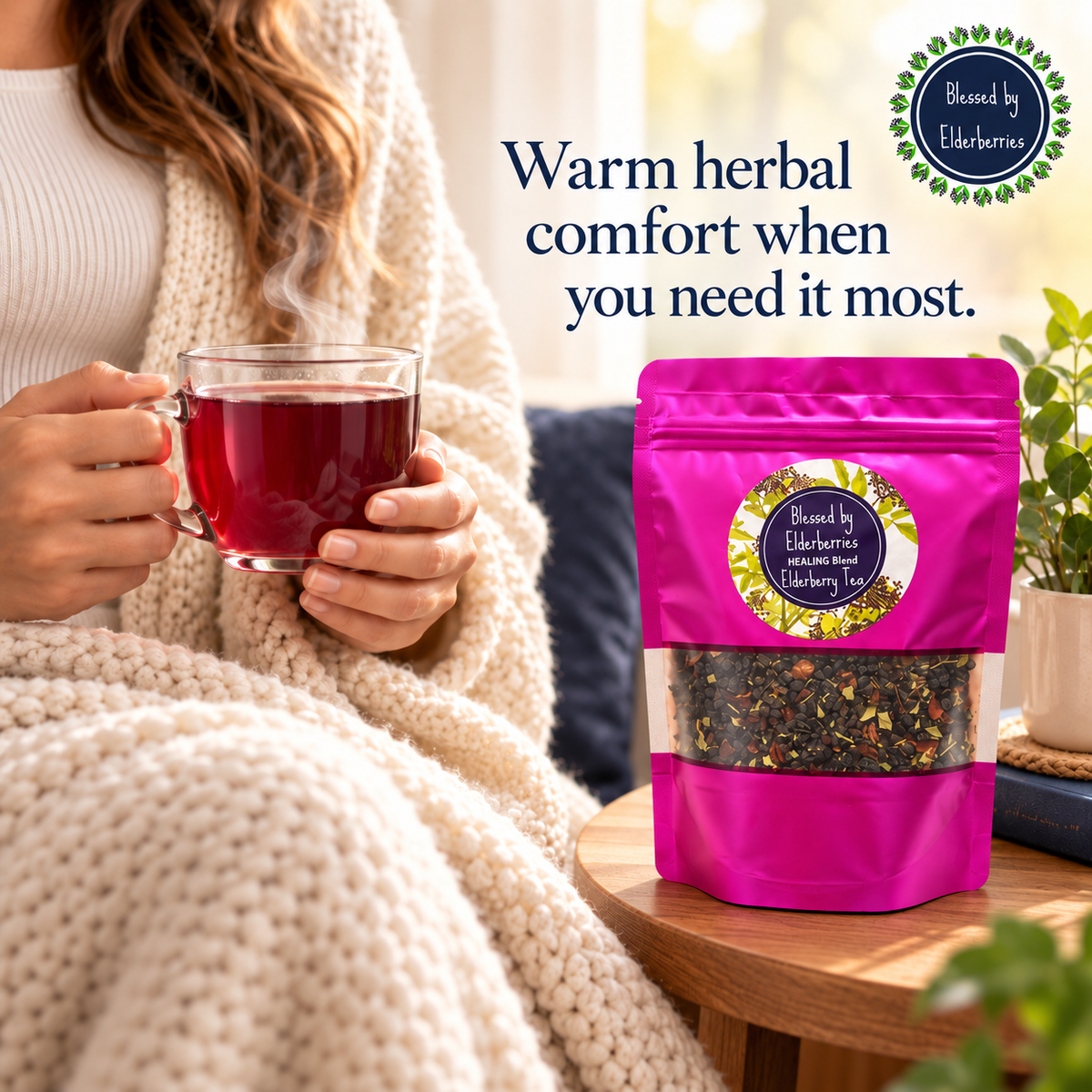 Woman holding a warm glass cup of berry-red herbal tea beside a Healing Blend tea pouch.