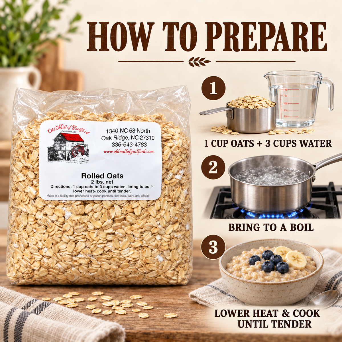 Preparation guide for Old Mill of Guilford Rolled Oats using one cup oats and three cups water